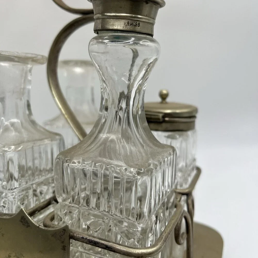 Antique Victorian EPNS Cruet Castor Set Pressed Glass Bottles Silverplate Stand